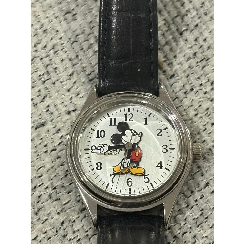 Disney Time Works Mickey Mouse Watch Womens Stainless Steel Back Genuine Leather